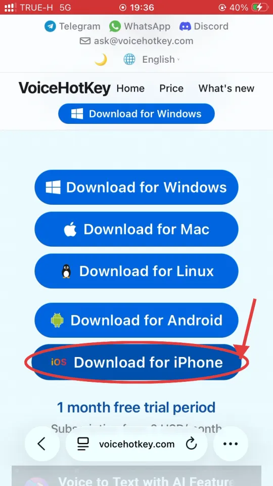 voicehotkey.com басты беті Download for iPhone түймесімен