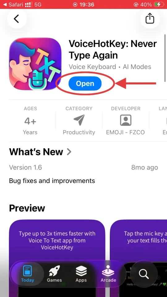 Орнатудан кейінгі App Store-дағы Open түймесі