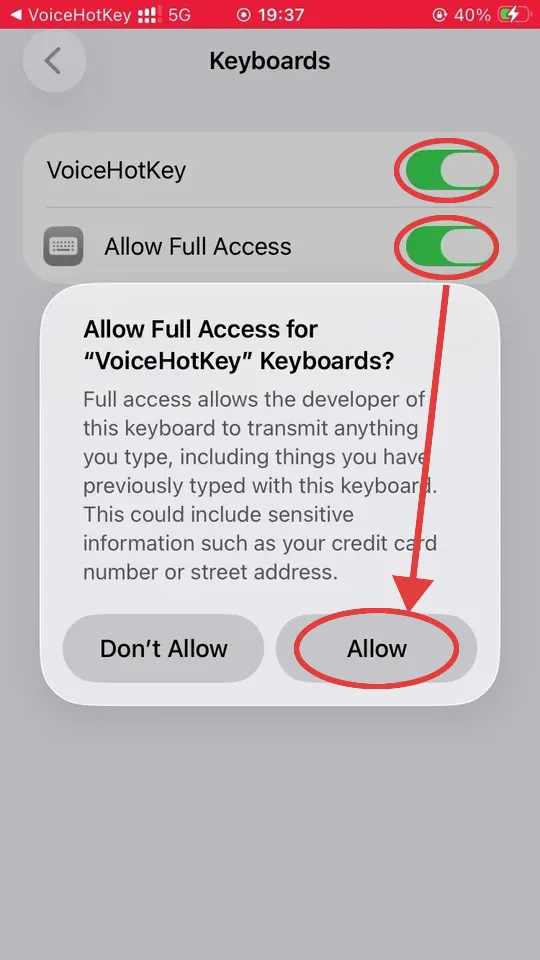 iOS Allow Full Access ескерту диалогы