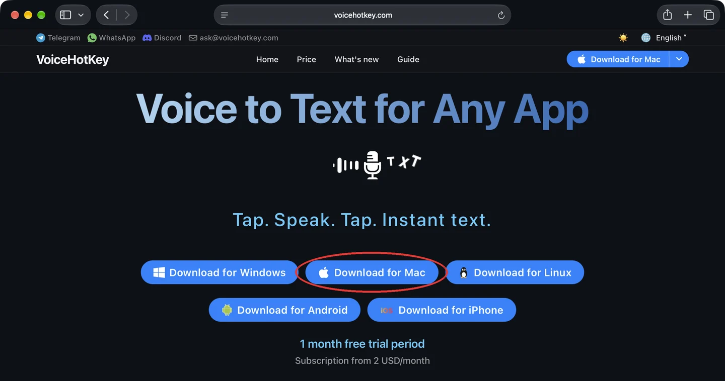 voicehotkey.com басты бетіндегі Mac үшін жүктеу түймесі