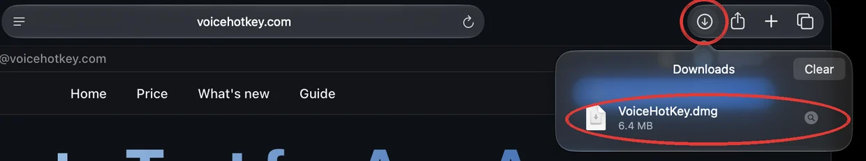 Safari жүктеулер тізіміндегі VoiceHotKey.dmg файлы