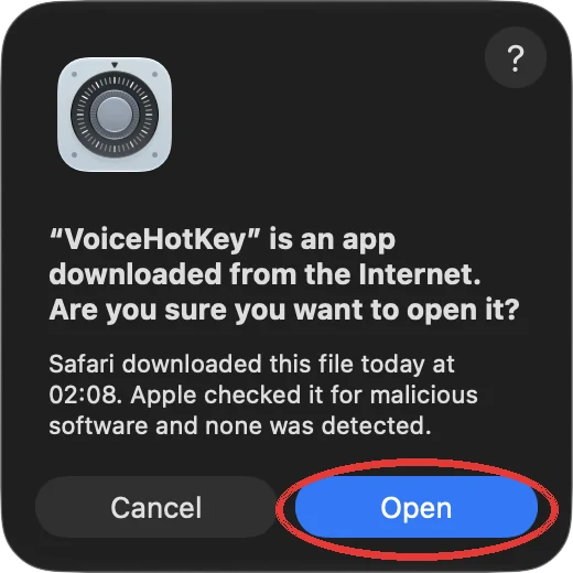 Интернеттен жүктелген қолданба туралы macOS терезесі және Open түймесі