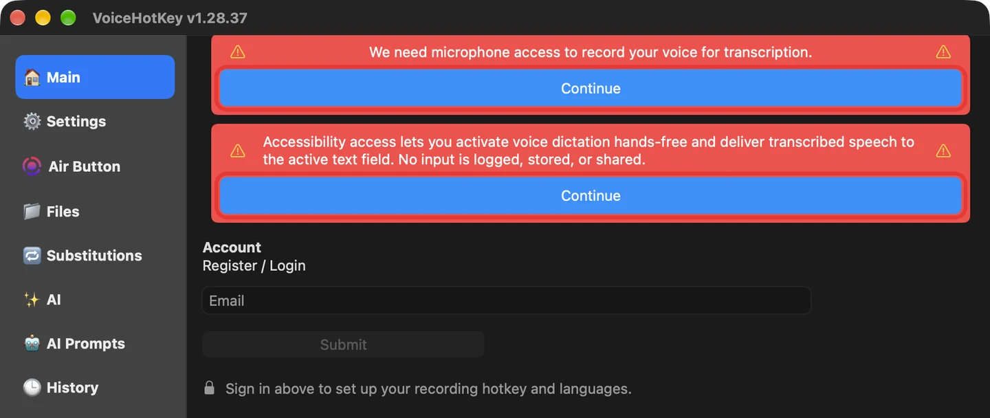 VoiceHotKey негізгі терезесіндегі микрофон және арнайы мүмкіндіктер хабарламалары