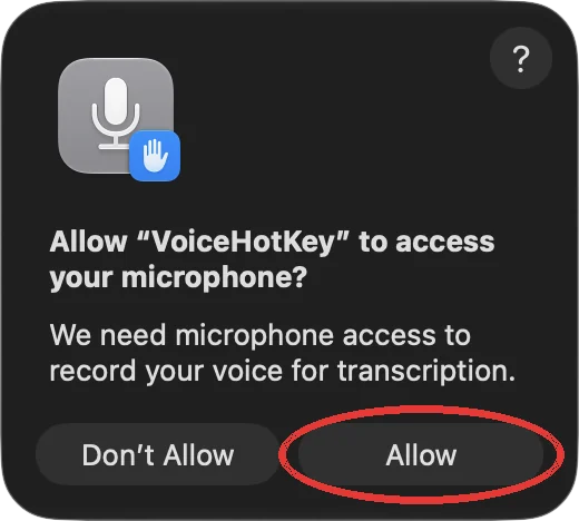 Микрофонға рұқсат сұрайтын macOS терезесі және Allow түймесі