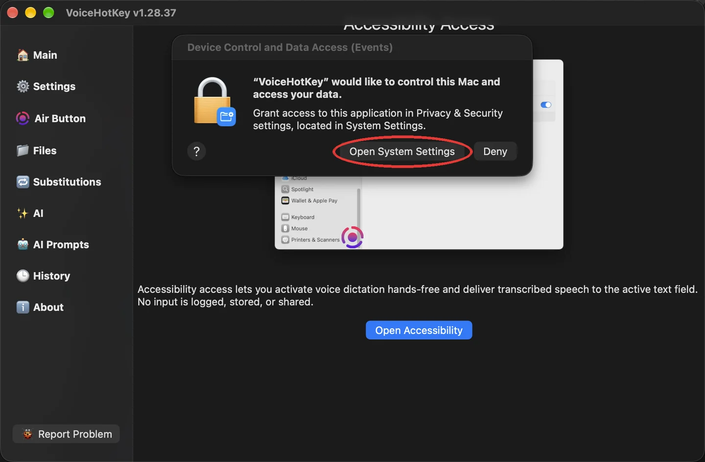 macOS арнайы мүмкіндіктер сұрауы және Open System Settings түймесі