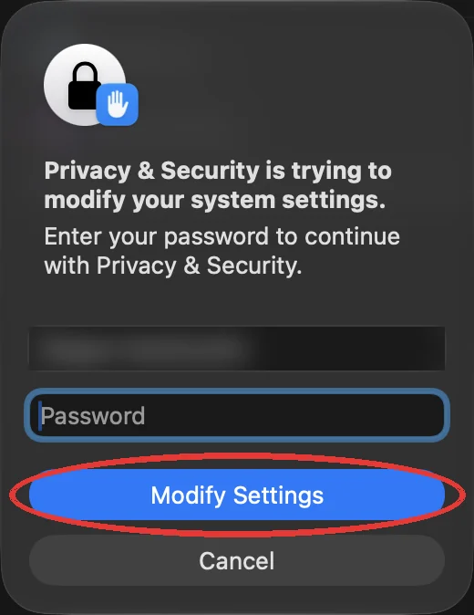 macOS құпиясөз сұрауы және Modify Settings түймесі