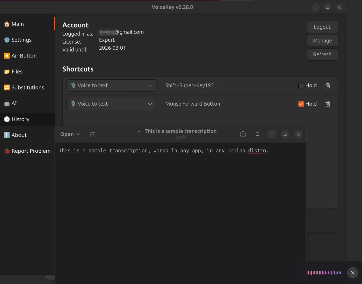 Ubuntu Linux жүйесінде жұмыс істеп тұрған VoiceKey дауыспен жазу қолданбасы, жылдам пернелер мен тікелей транскрипциямен
